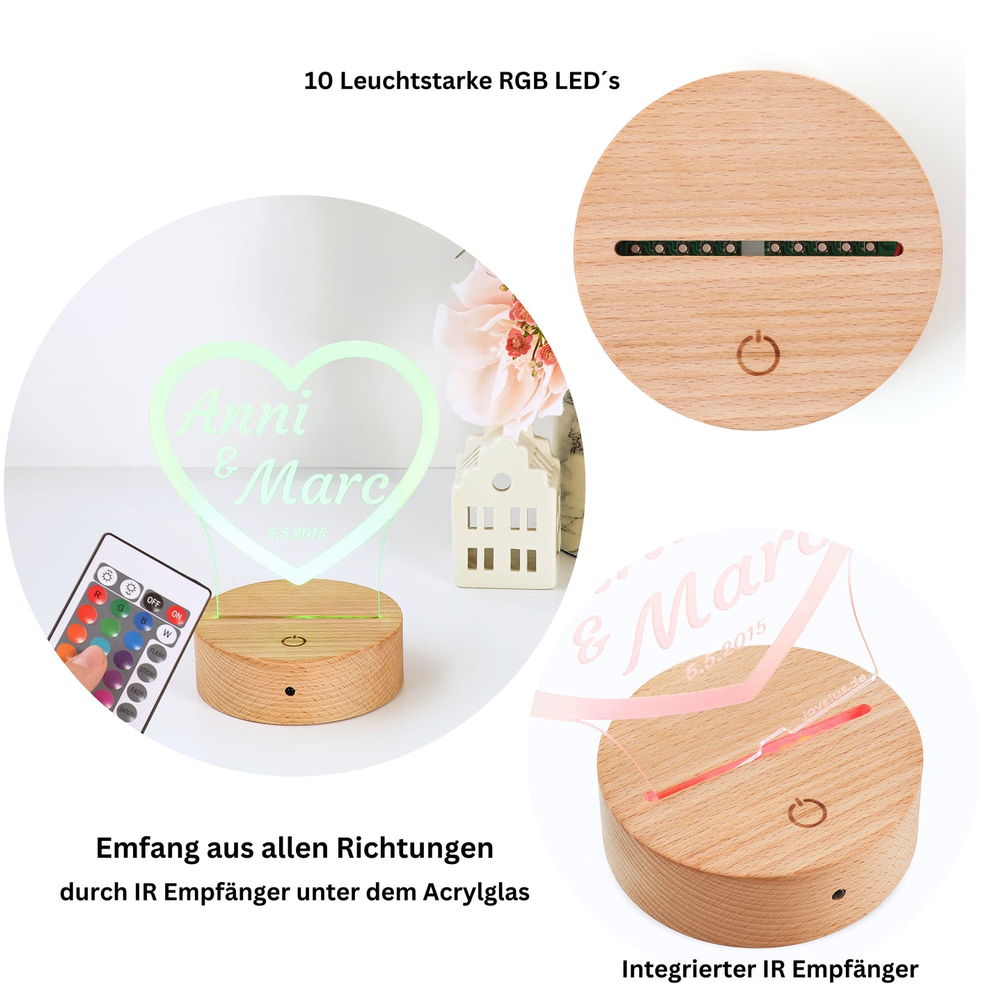 Premium Sockel für Acrylglas Nachtlichter Echtholz Buche 10 Stück