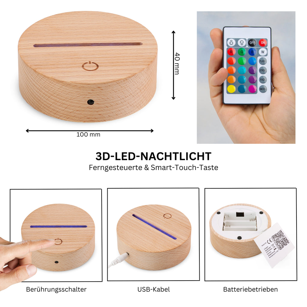 Premium Sockel für Acrylglas Nachtlichter Echtholz Buche 10 Stück